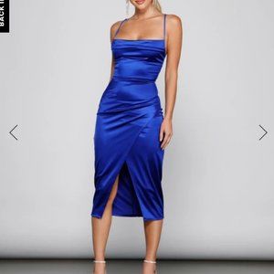 Blue Asymmetrical Windsor Satin Midi Dress